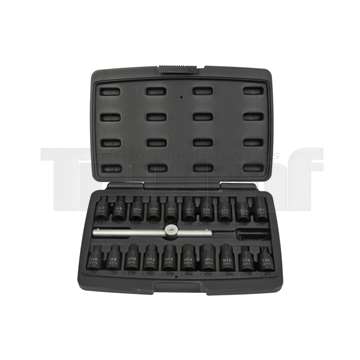 hlavice zástrčné 3/8", na olejové výpustě, tvrzené, sada 21 dílů